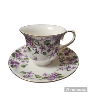 Graces's teaware footed Teacup & Saucer violets w/ gold trim used only as decor